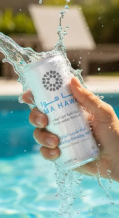 A hand holding a chilled Ma Hawa can with a splash of water